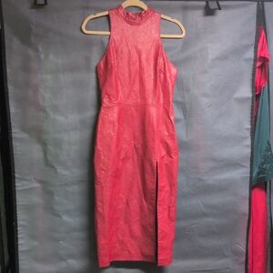 House of CB Red Faux Leather High-Neck Midi Dress